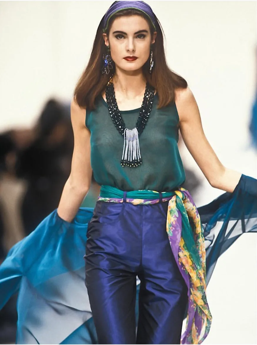 1992 Yves Saint Laurent Runway Documented Irridescent Green Silk Trousers