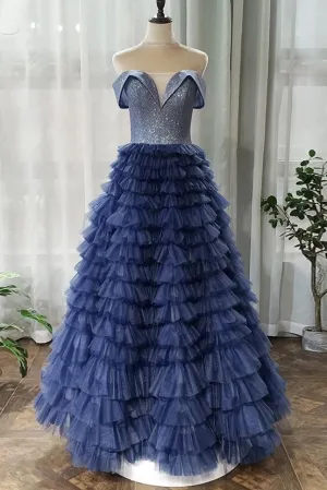 A-line Off-the-shoulder Royal Blue Long Prom Dresses Tulle Evening Dress PFP1767