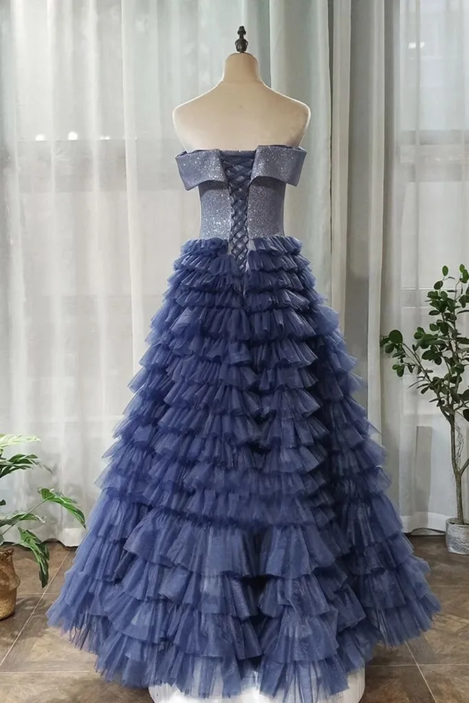 A-line Off-the-shoulder Royal Blue Long Prom Dresses Tulle Evening Dress PFP1767