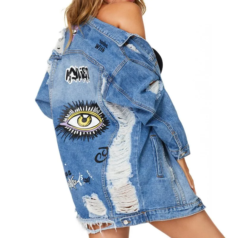 Autumn Cow Girl Distressed Denim Eyes Cotton Women Ripped