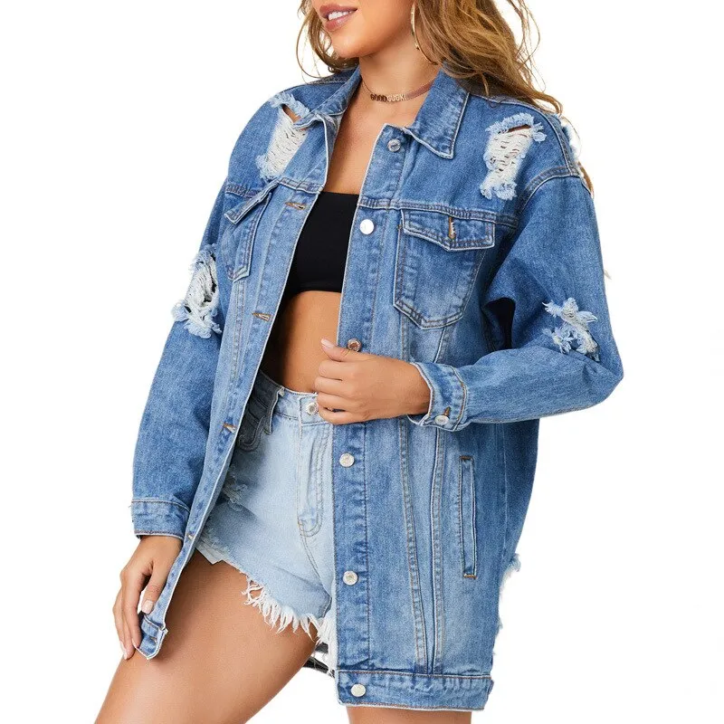 Autumn Cow Girl Distressed Denim Eyes Cotton Women Ripped