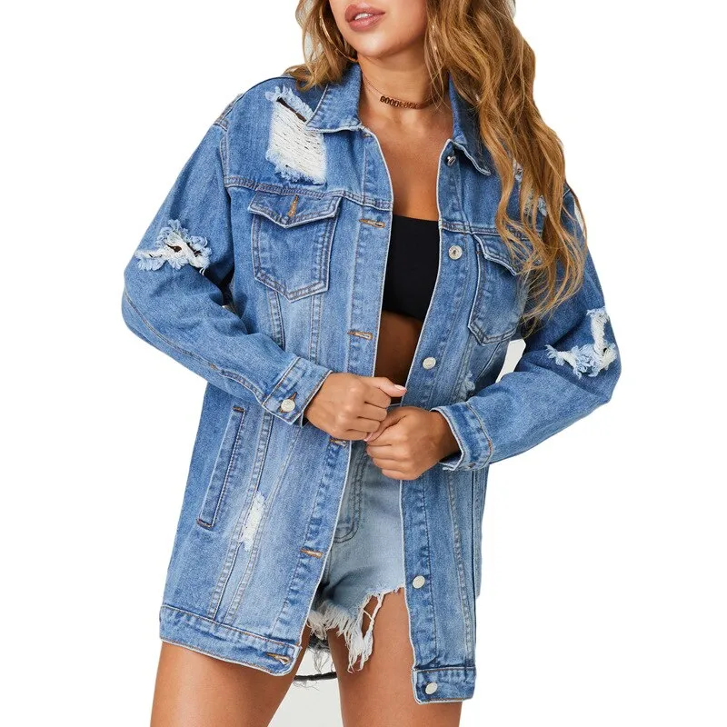 Autumn Cow Girl Distressed Denim Eyes Cotton Women Ripped