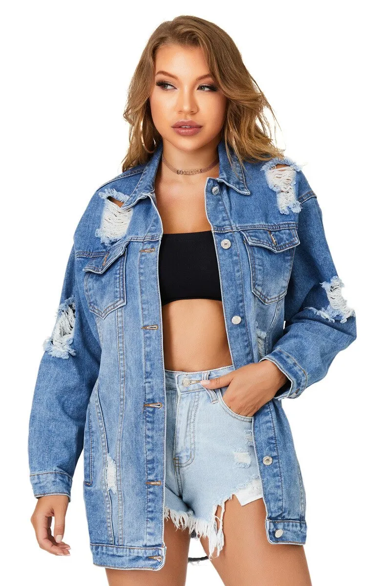 Autumn Cow Girl Distressed Denim Eyes Cotton Women Ripped