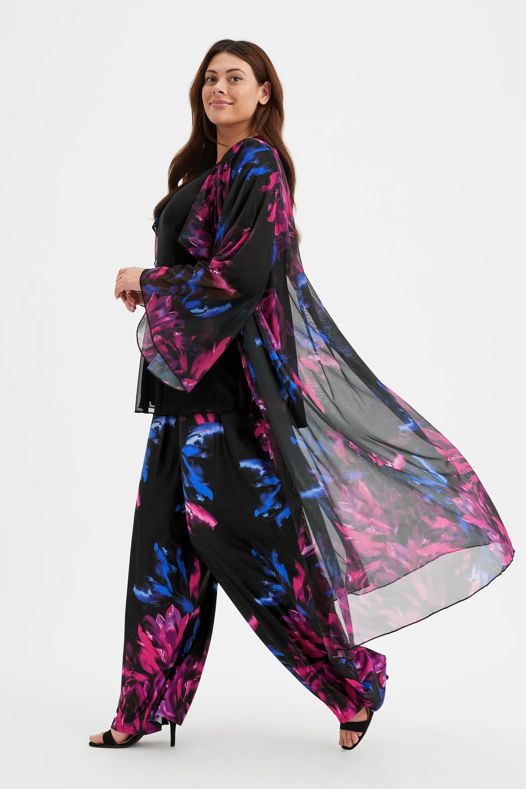 Black Blue Pink Waterfall Long Mesh Kimono