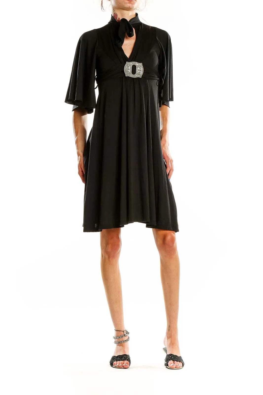 Black Elegant Cocktail Dress with Rhinestone Buckle