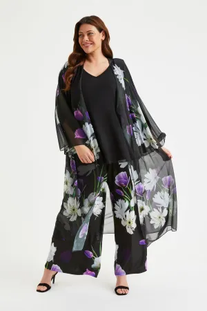 Black Purple Waterfall Long Mesh Kimono