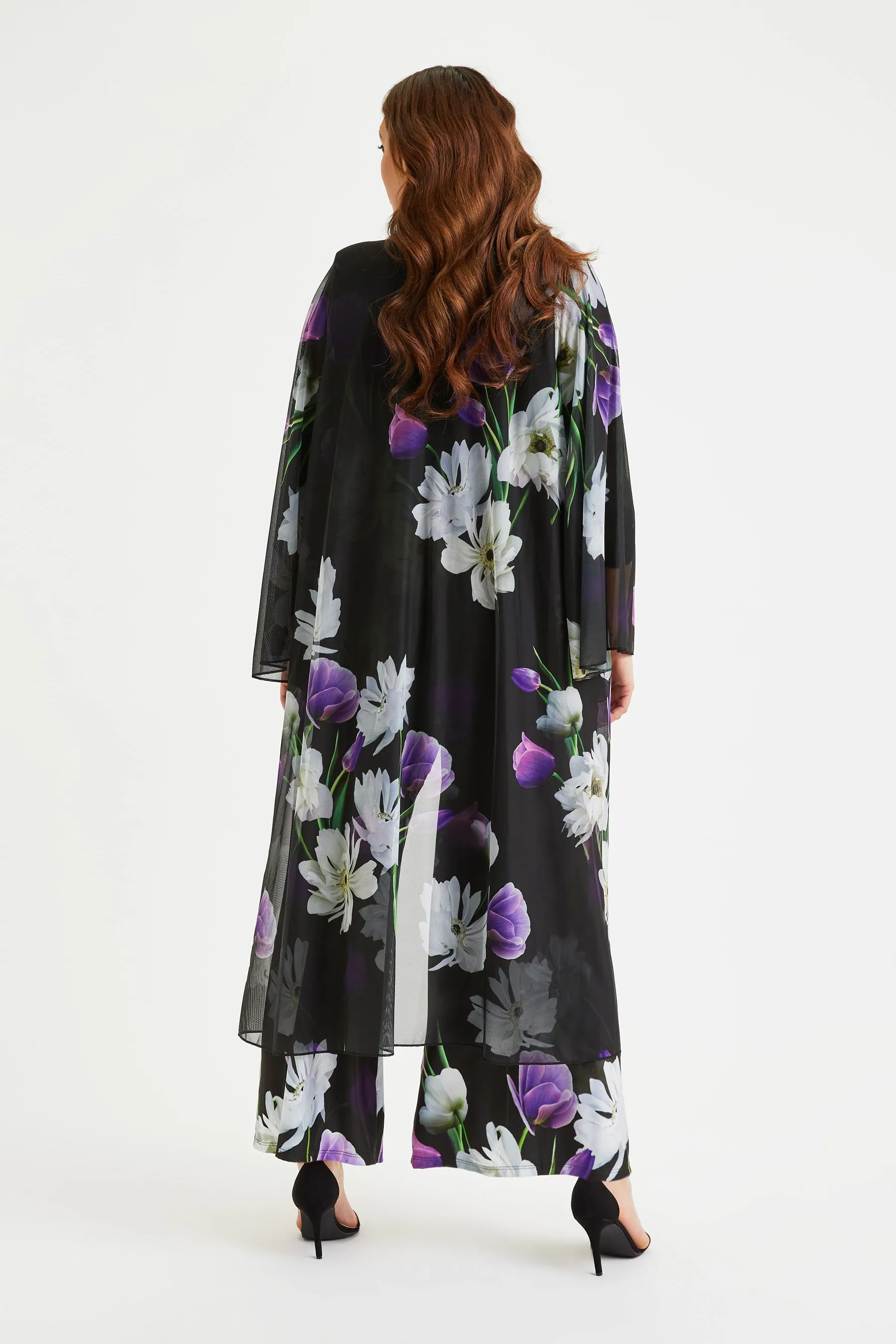 Black Purple Waterfall Long Mesh Kimono