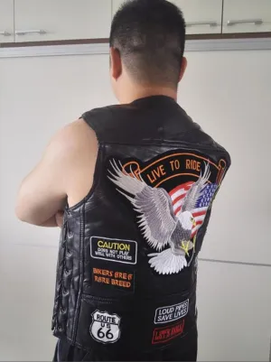 BONJEAN Brand Men's Genuine Leather Motorcycle Vest With14 Patches US Flag Eagle Biker Vests High Quality Sheepskin US S-4xl