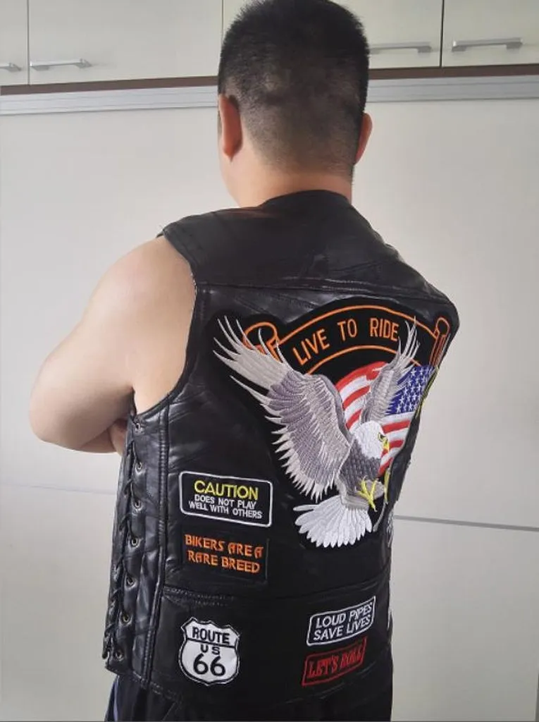 BONJEAN Brand Men's Genuine Leather Motorcycle Vest With14 Patches US Flag Eagle Biker Vests High Quality Sheepskin US S-4xl