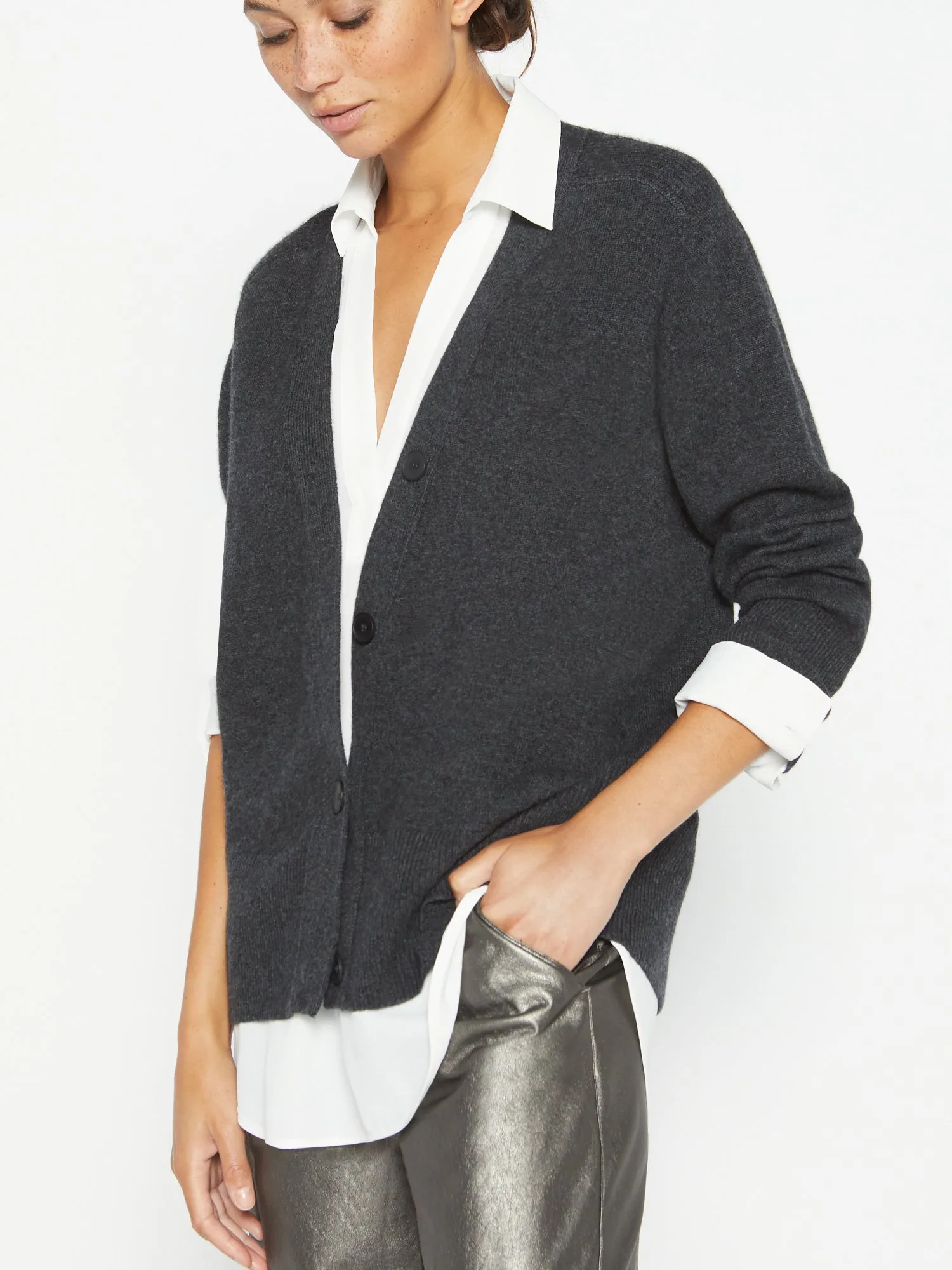 Brochu Walker - Callie Layered Looker Cardigan in Dark Charcoal Melange w/ White Underlayer