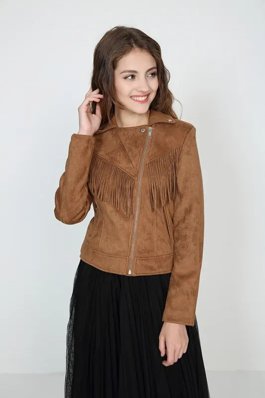 Brown faux leather Women high quality suede leather jacket spring fall