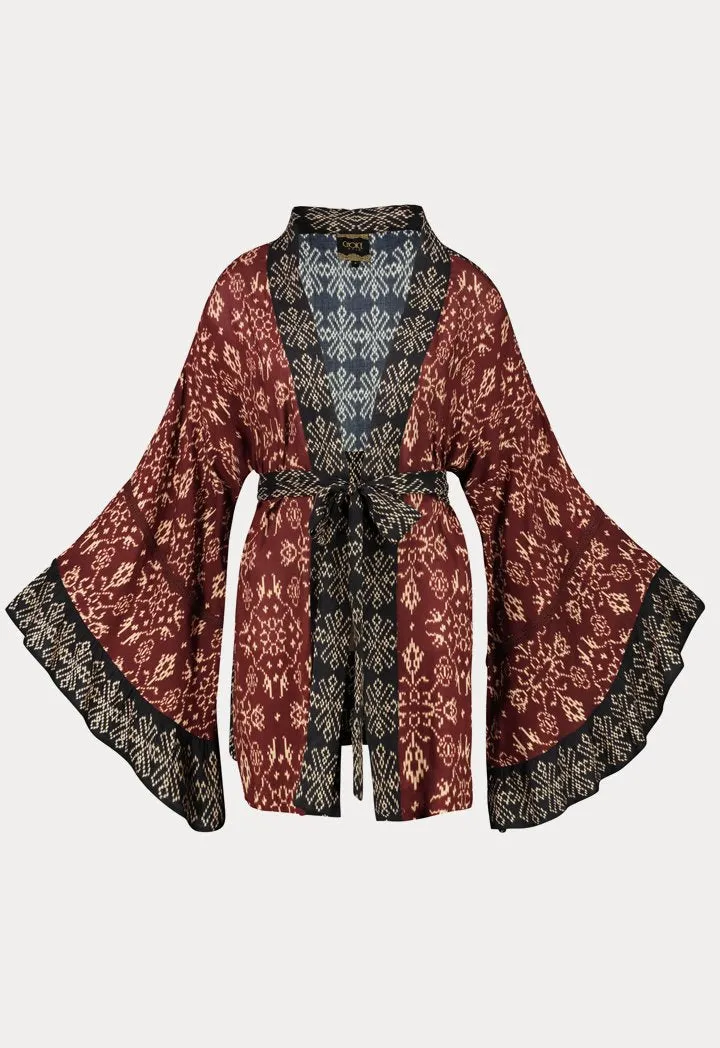 Choice Geometric Print Kimono Cardigan Burgundy