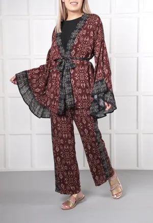 Choice Geometric Print Kimono Cardigan Burgundy