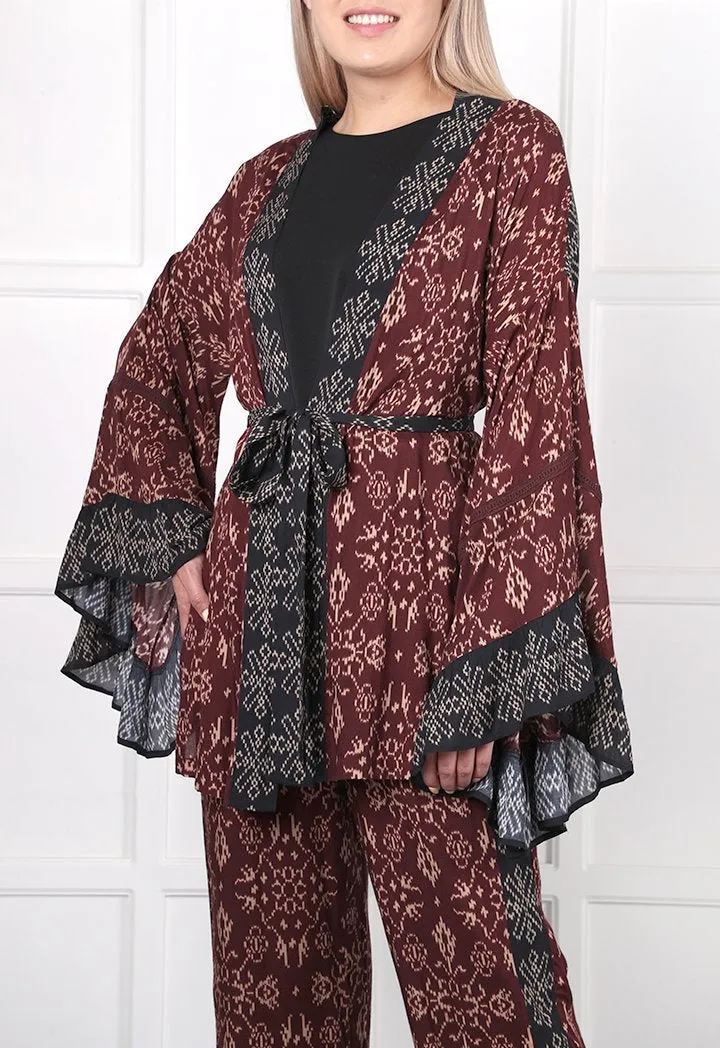 Choice Geometric Print Kimono Cardigan Burgundy