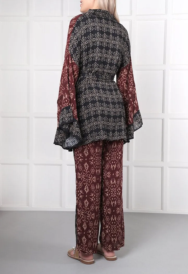 Choice Geometric Print Kimono Cardigan Burgundy