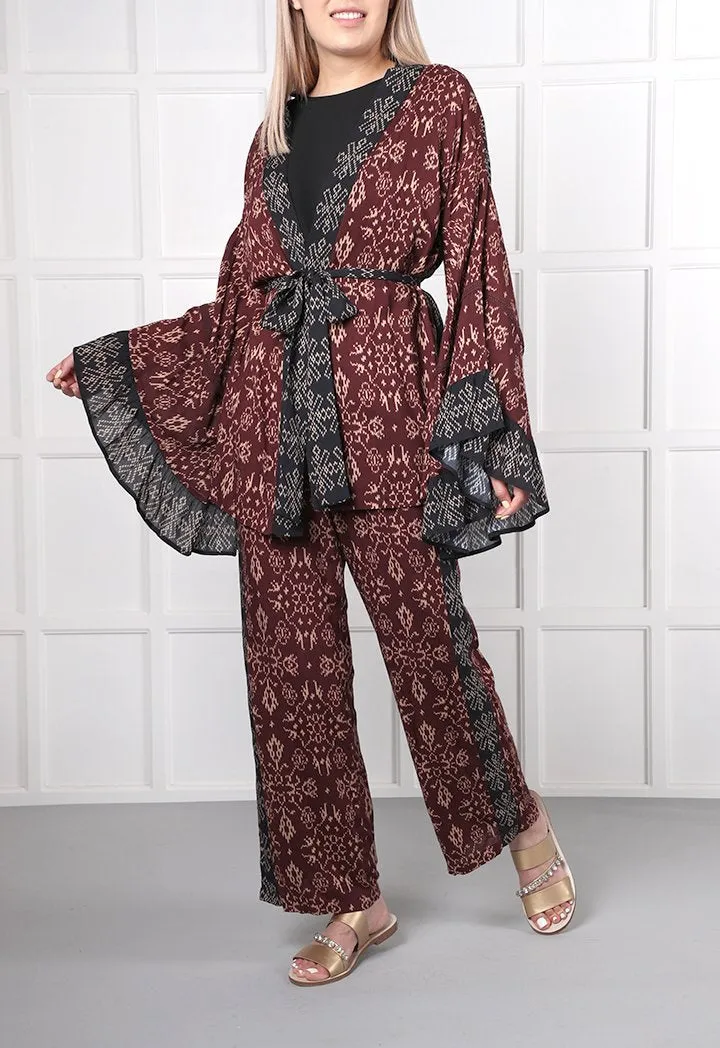 Choice Geometric Print Kimono Cardigan Burgundy
