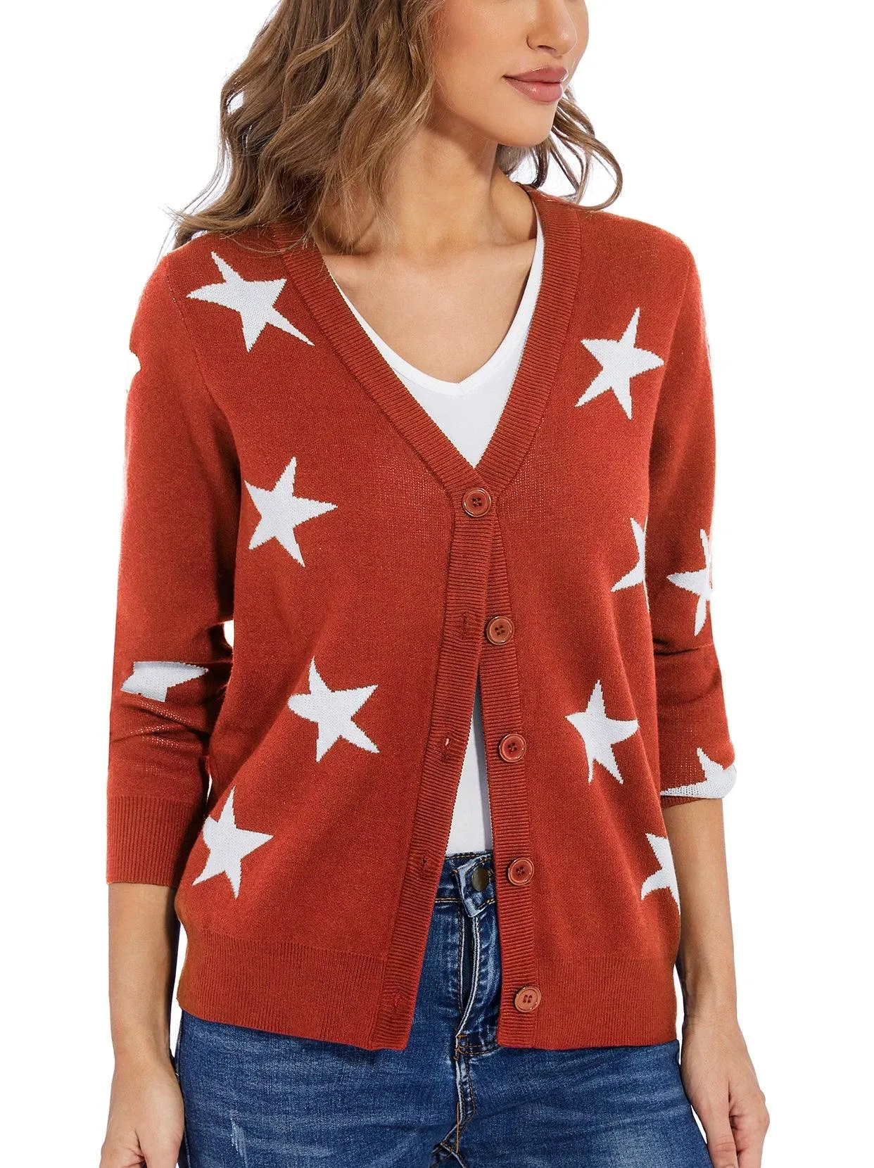 Christmas Red Stars Button-down V-neck Knitwear For Women