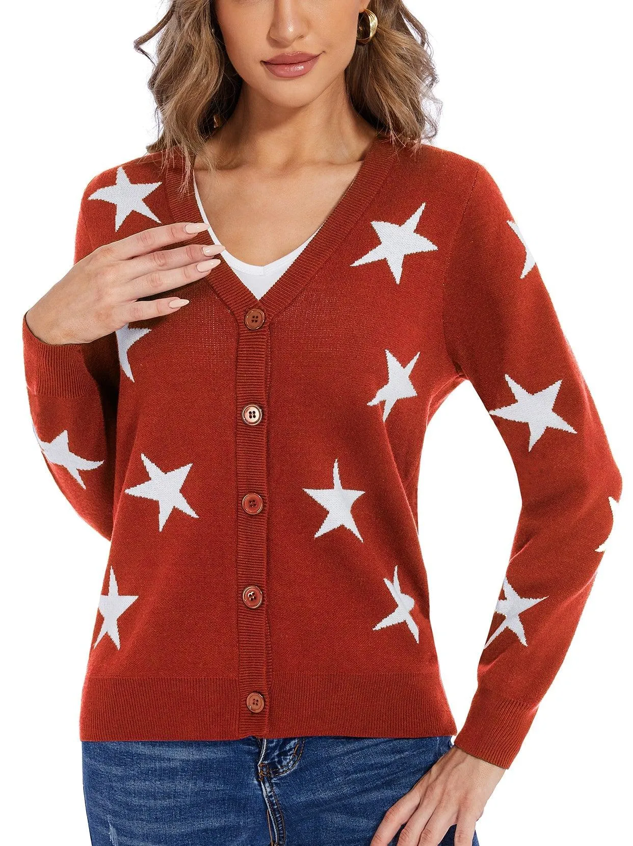 Christmas Red Stars Button-down V-neck Knitwear For Women