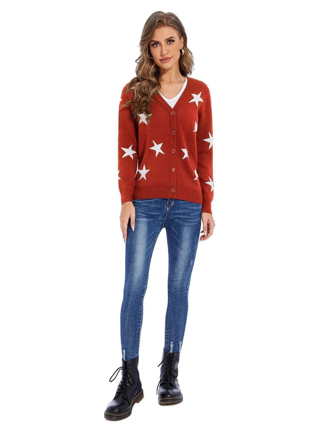 Christmas Red Stars Button-down V-neck Knitwear For Women