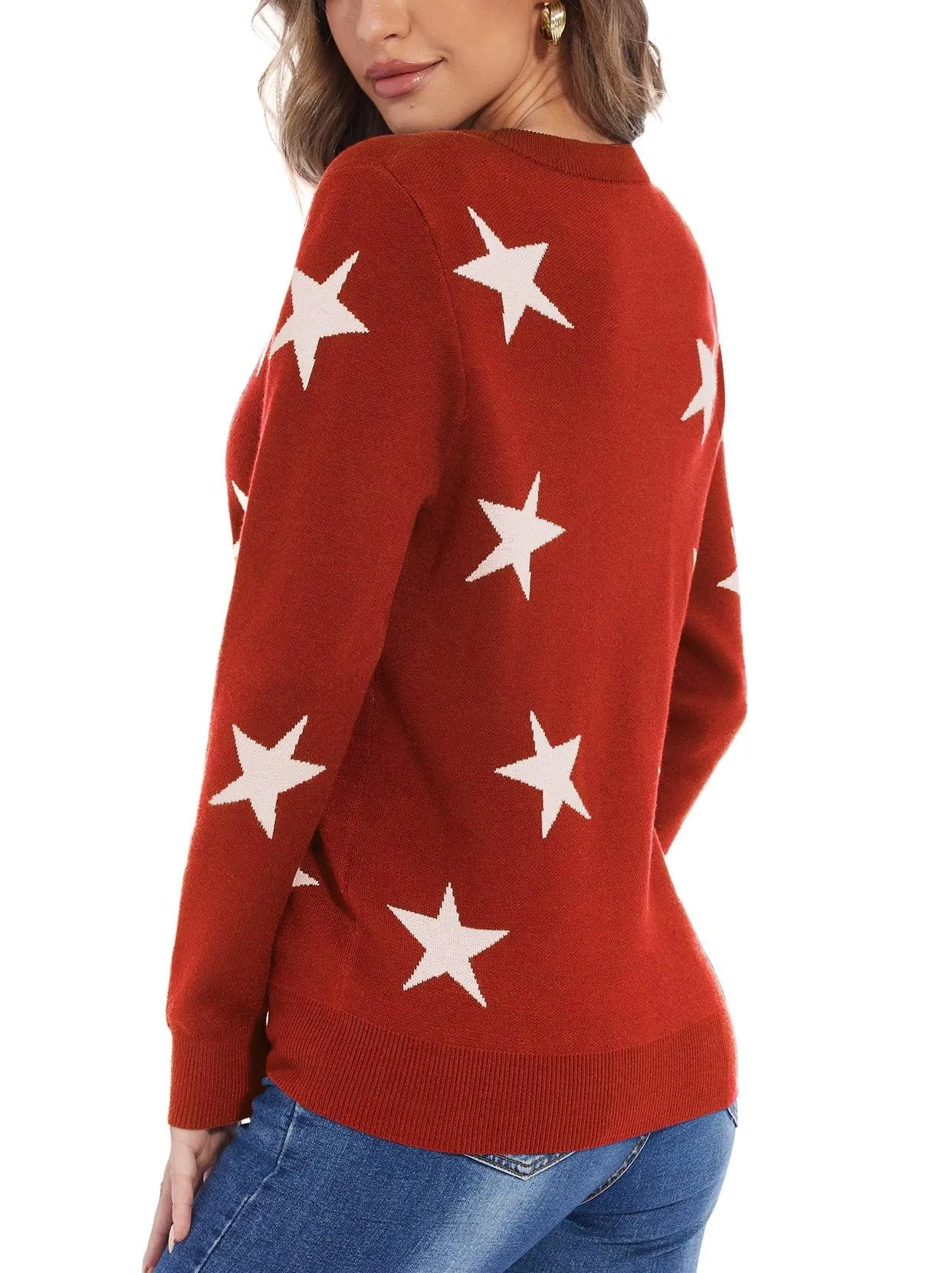Christmas Red Stars Button-down V-neck Knitwear For Women