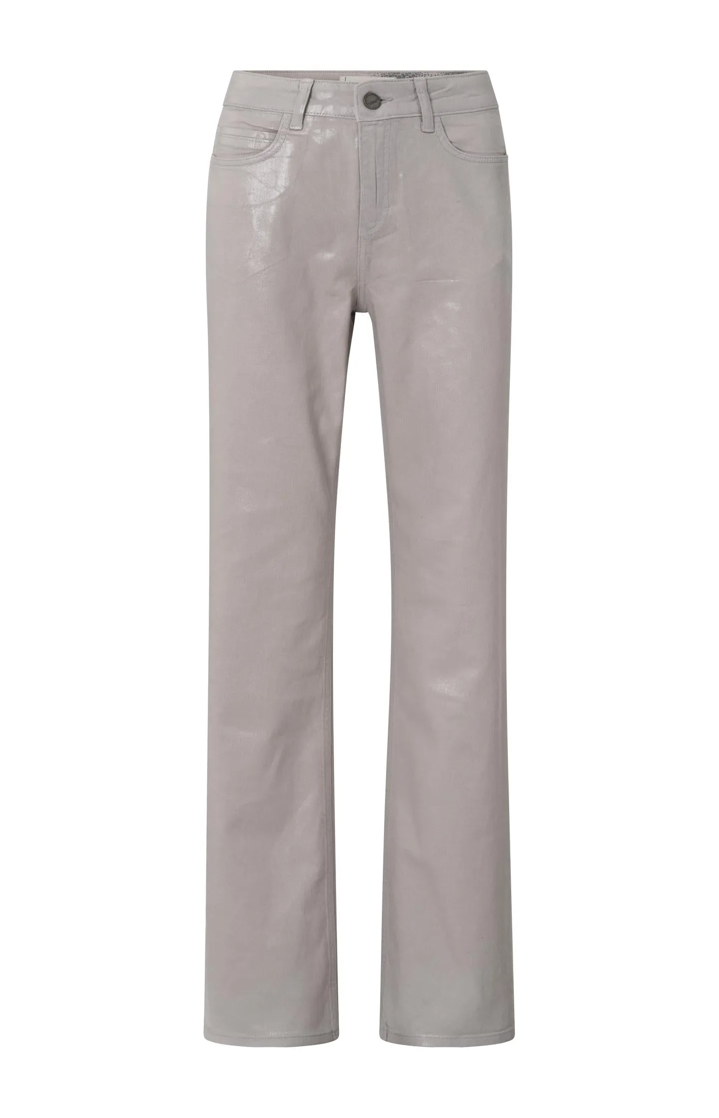 Coated denim trousers with wide legs and mid-rise waist