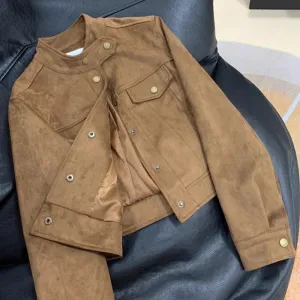Coffee Colored Leather Jackets Women's Simple O-Neck Long Sleeved Overcoat 2024 New Spring Autumn Solid Color Short Tops