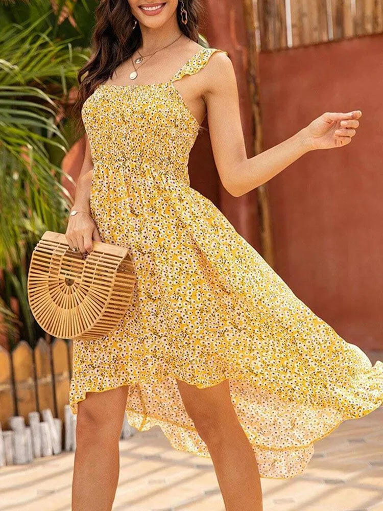 deanwangkt Floral Print Sleeveless Backless Ruffles Irregular Hem Holiday Midi Dress For Women