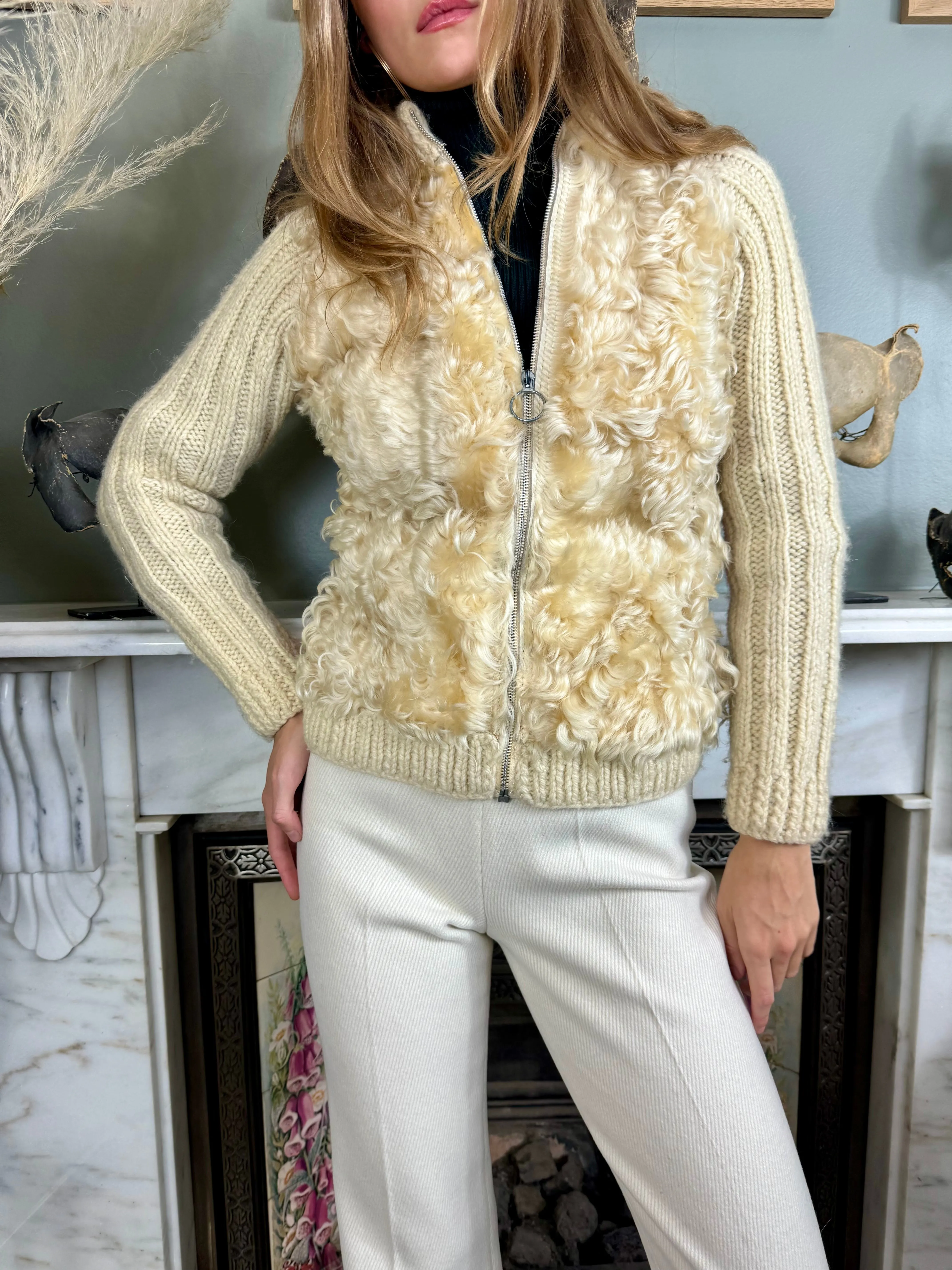 Delilah, 70s cream sheepskin and embroidered zip cardigan