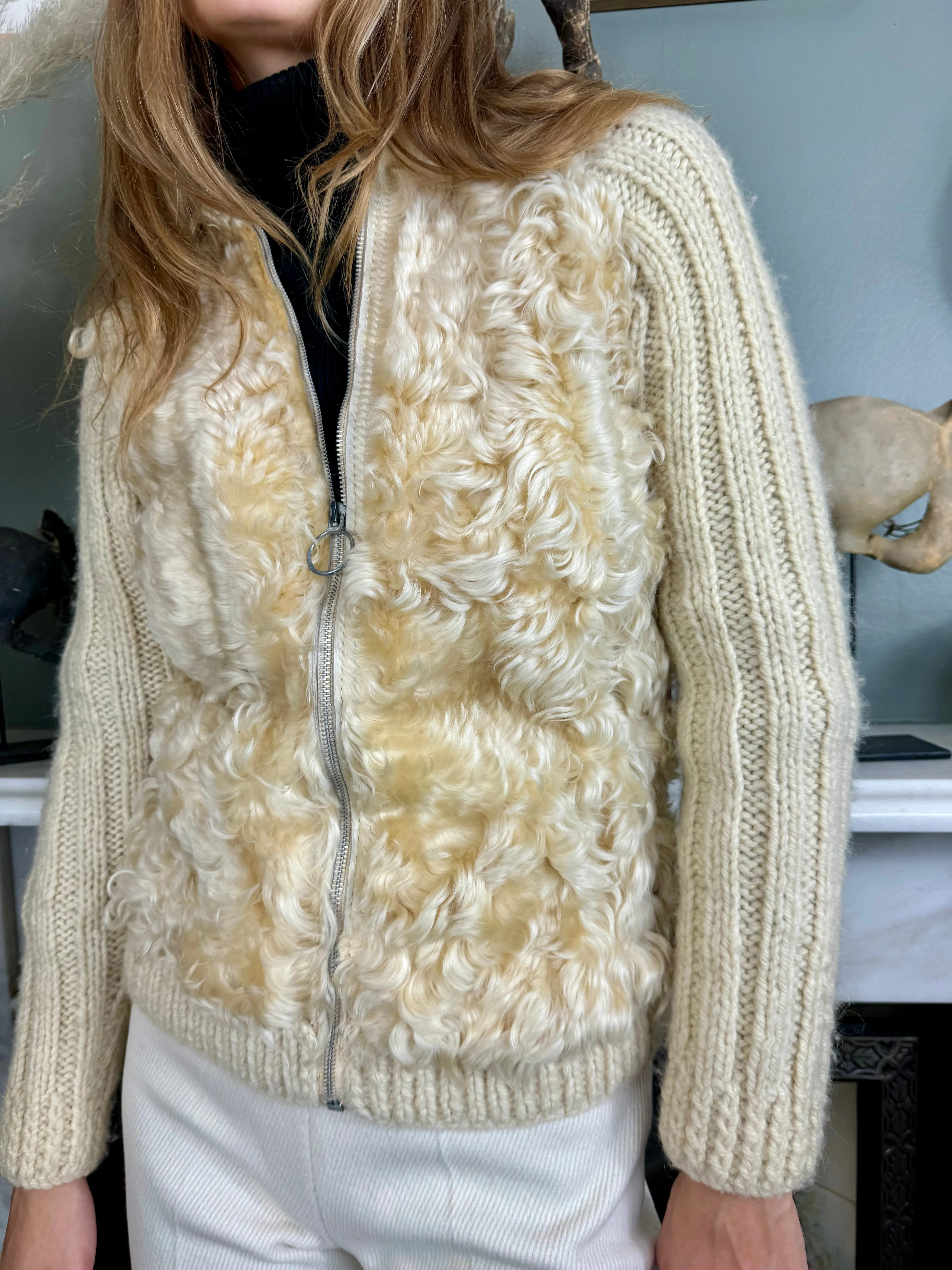 Delilah, 70s cream sheepskin and embroidered zip cardigan
