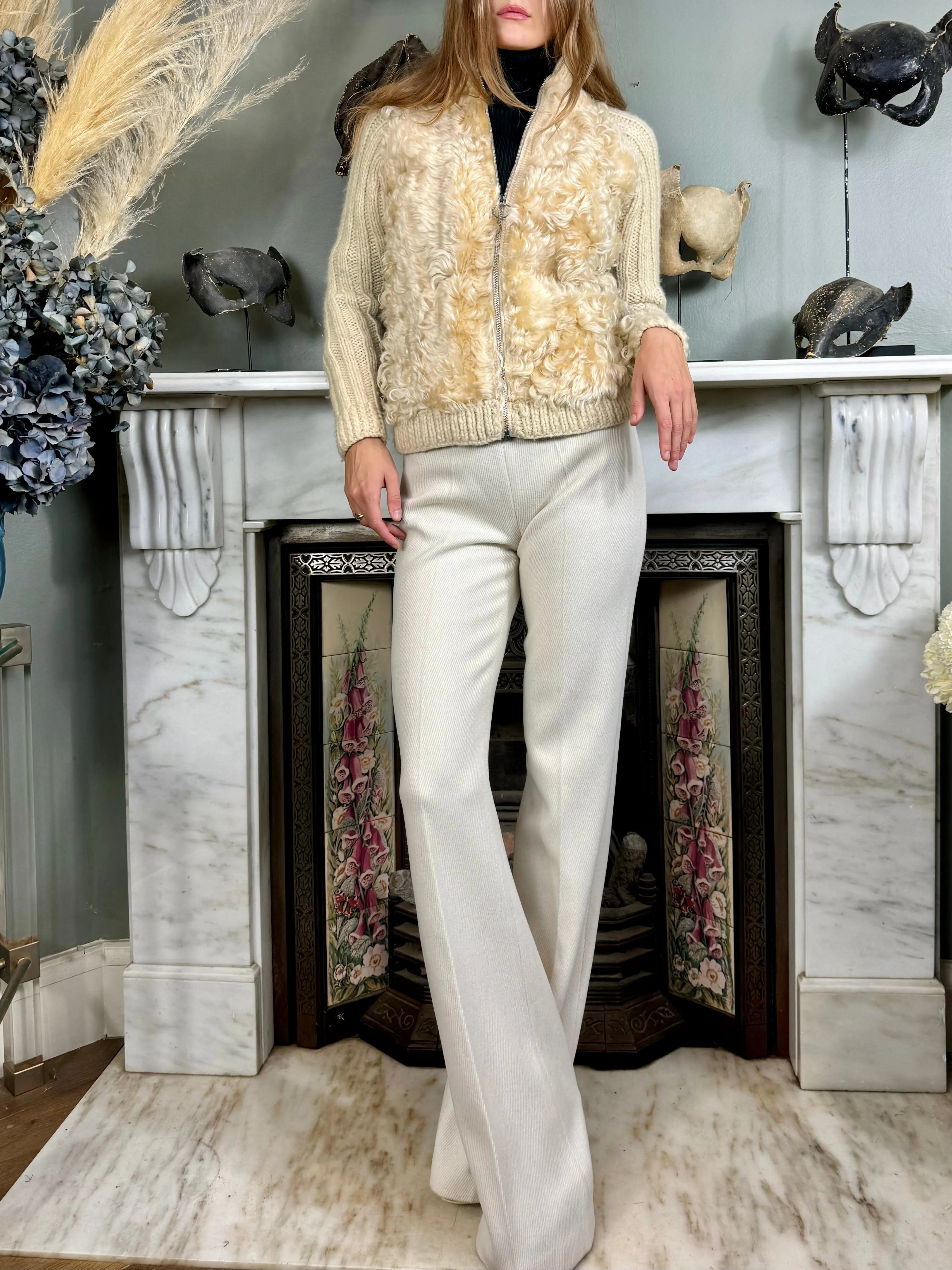 Delilah, 70s cream sheepskin and embroidered zip cardigan