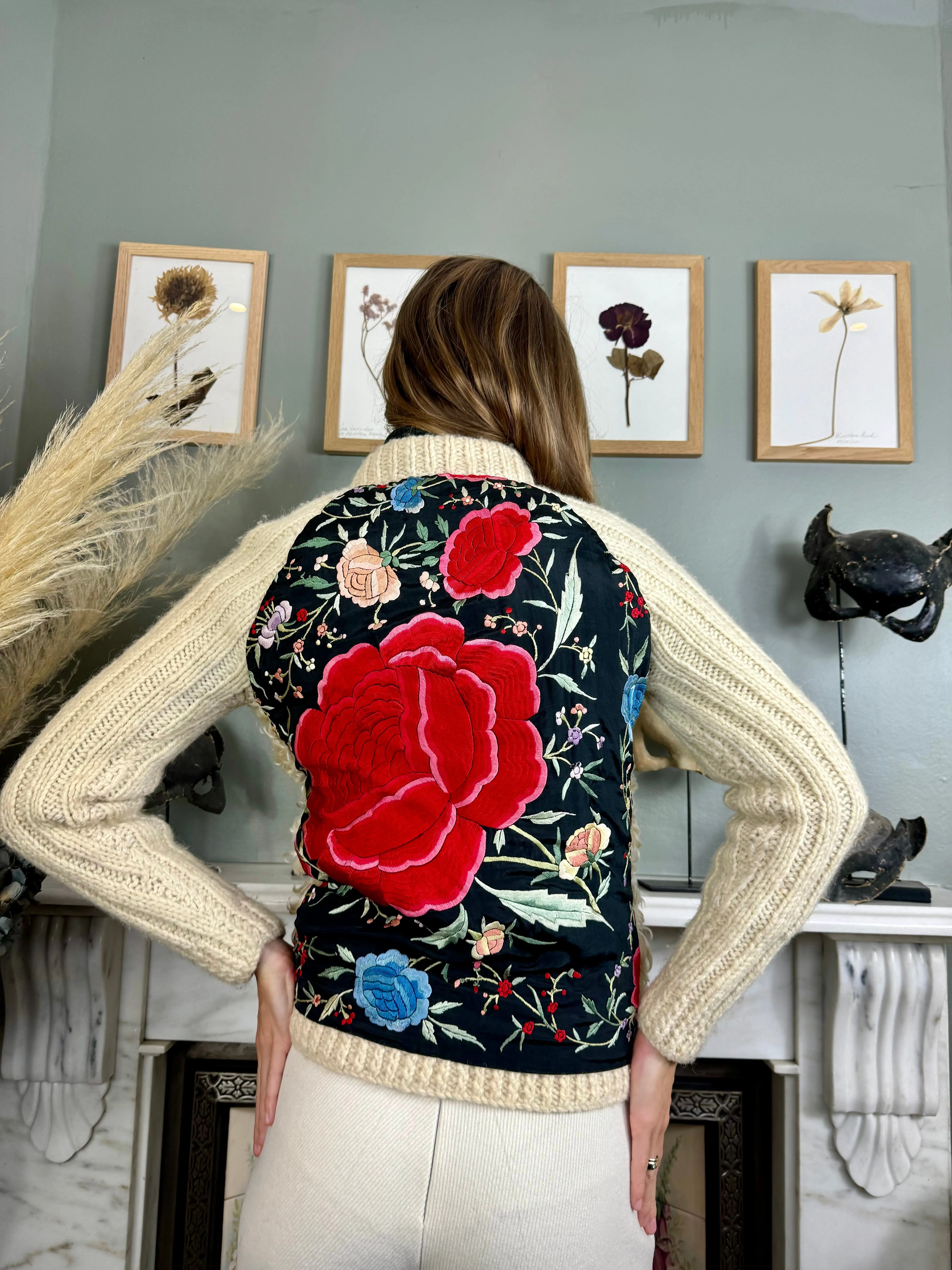 Delilah, 70s cream sheepskin and embroidered zip cardigan