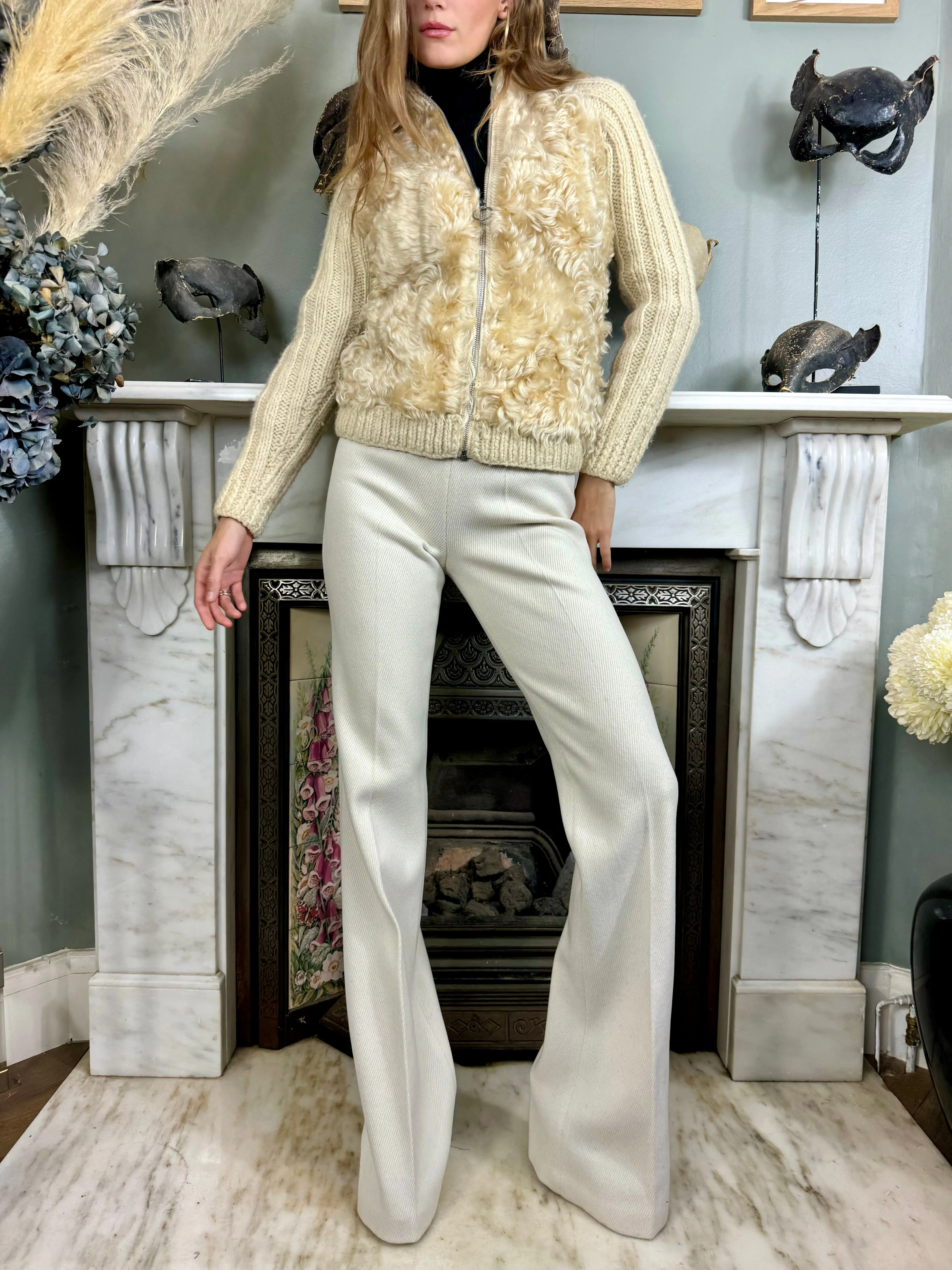 Delilah, 70s cream sheepskin and embroidered zip cardigan