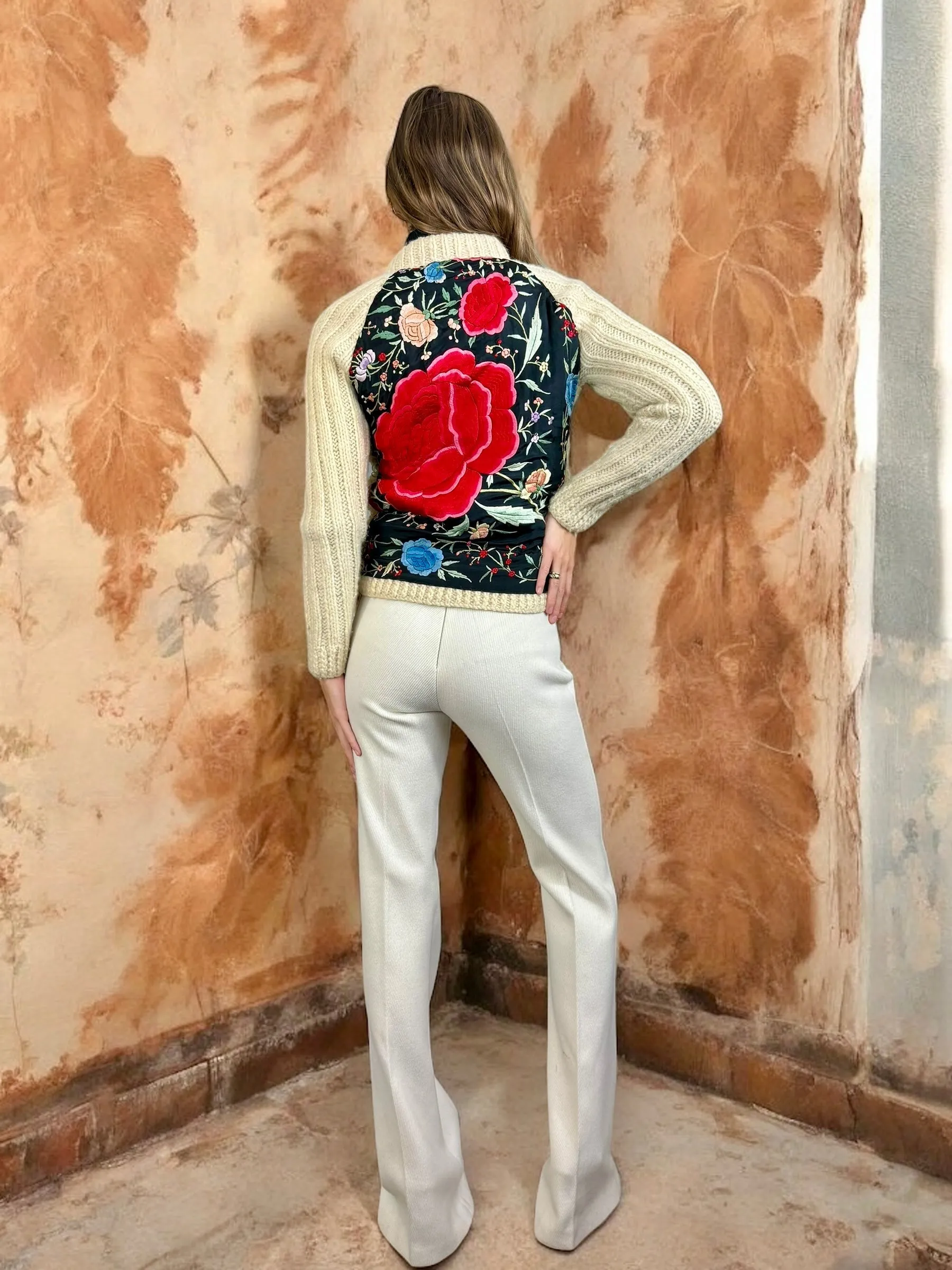 Delilah, 70s cream sheepskin and embroidered zip cardigan