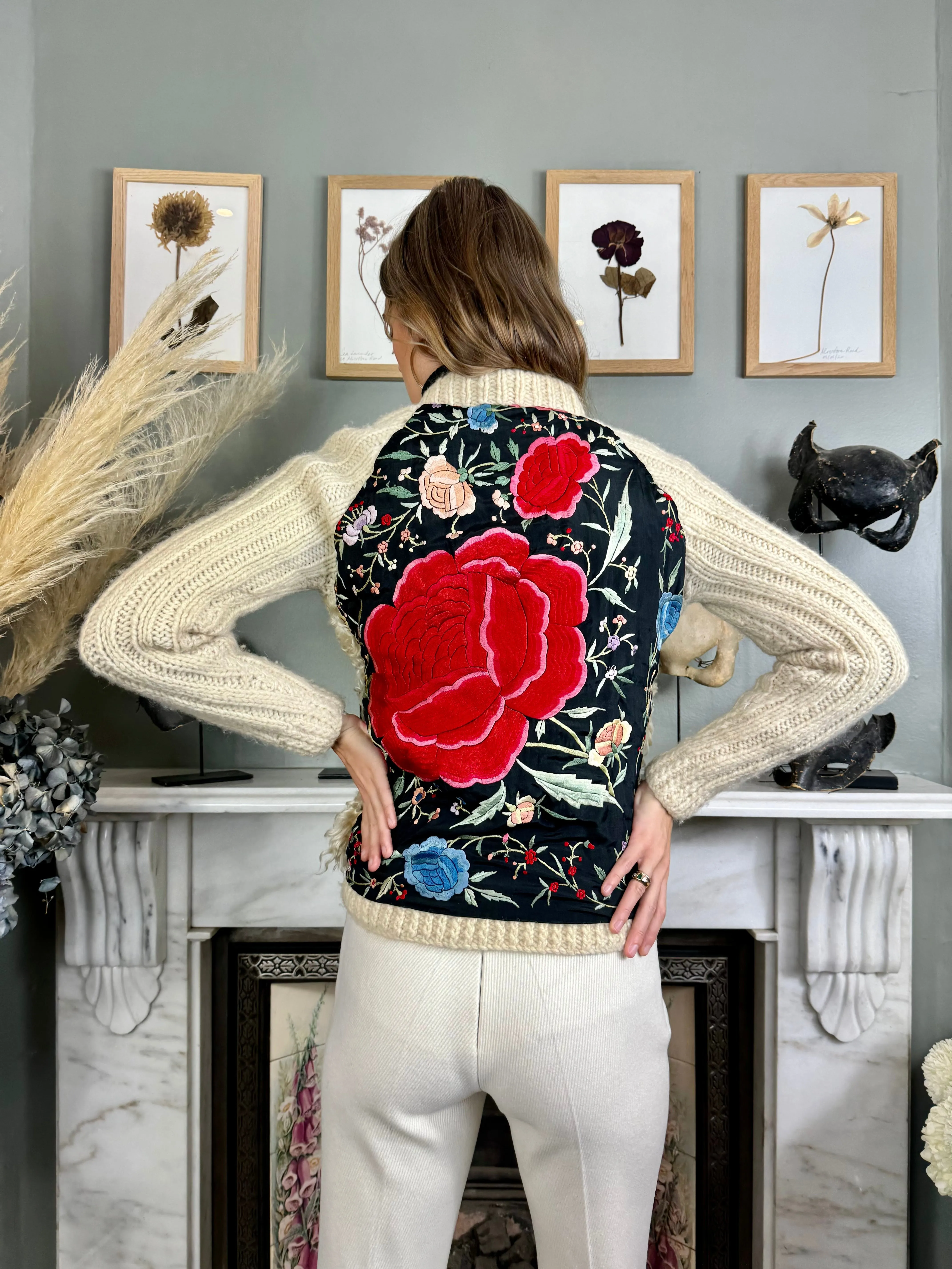 Delilah, 70s cream sheepskin and embroidered zip cardigan