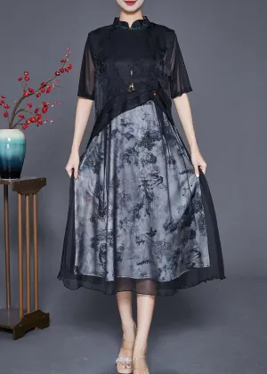 Elegant Black Mandarin Collar Patchwork Print Chiffon Dresses Summer LY6845