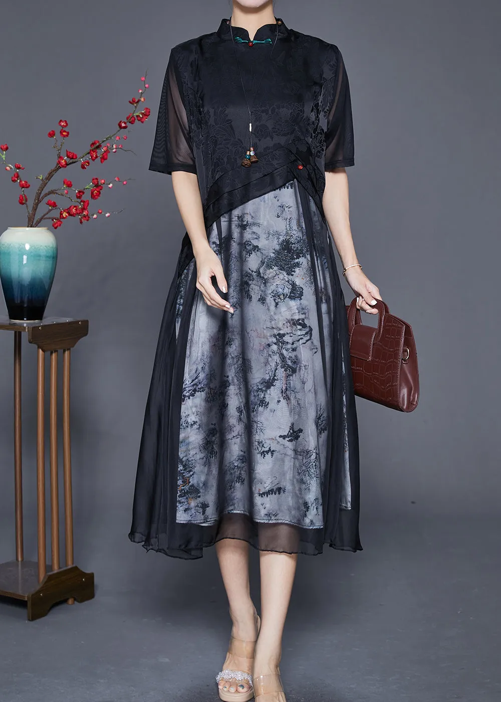 Elegant Black Mandarin Collar Patchwork Print Chiffon Dresses Summer LY6845