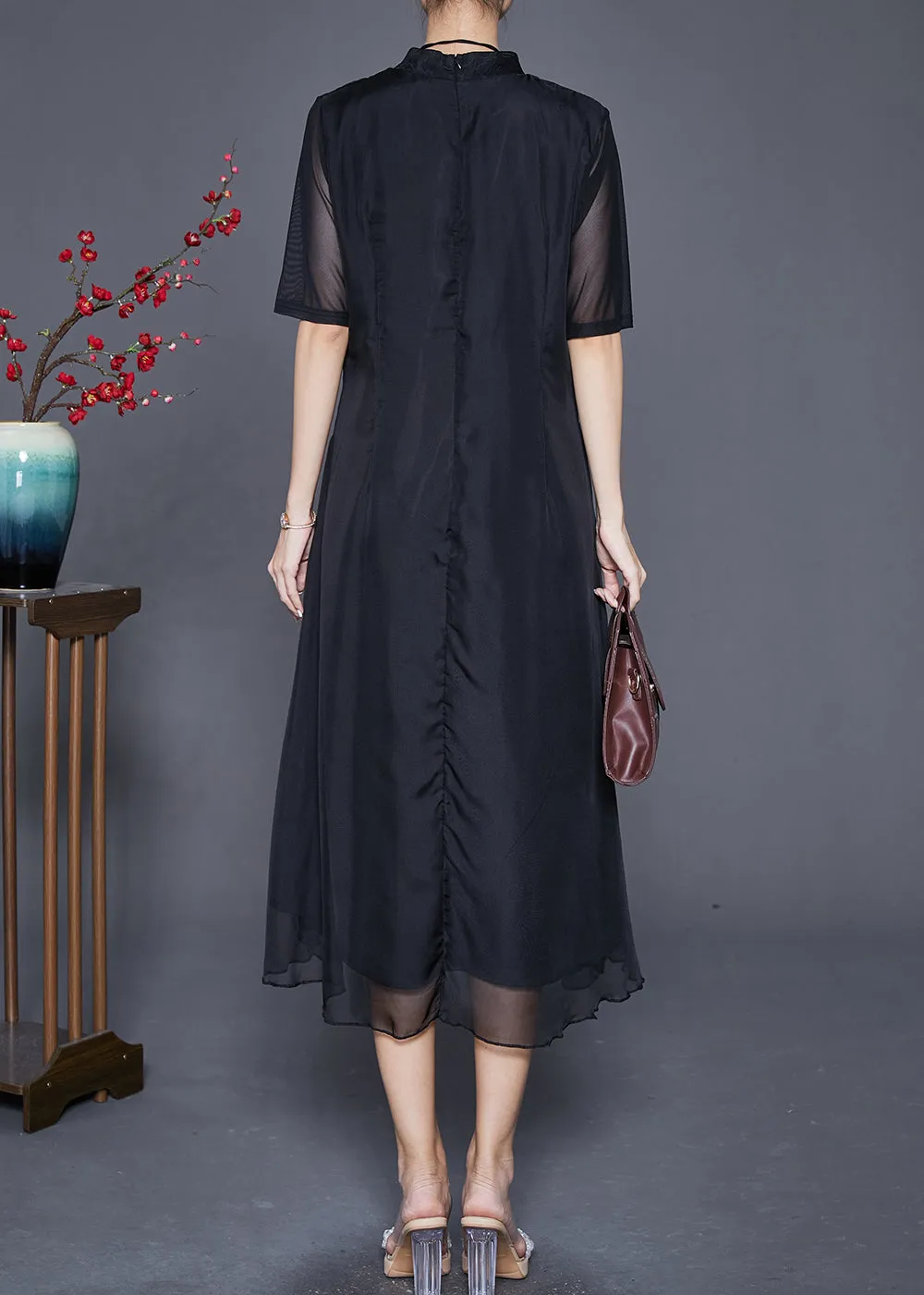 Elegant Black Mandarin Collar Patchwork Print Chiffon Dresses Summer LY6845