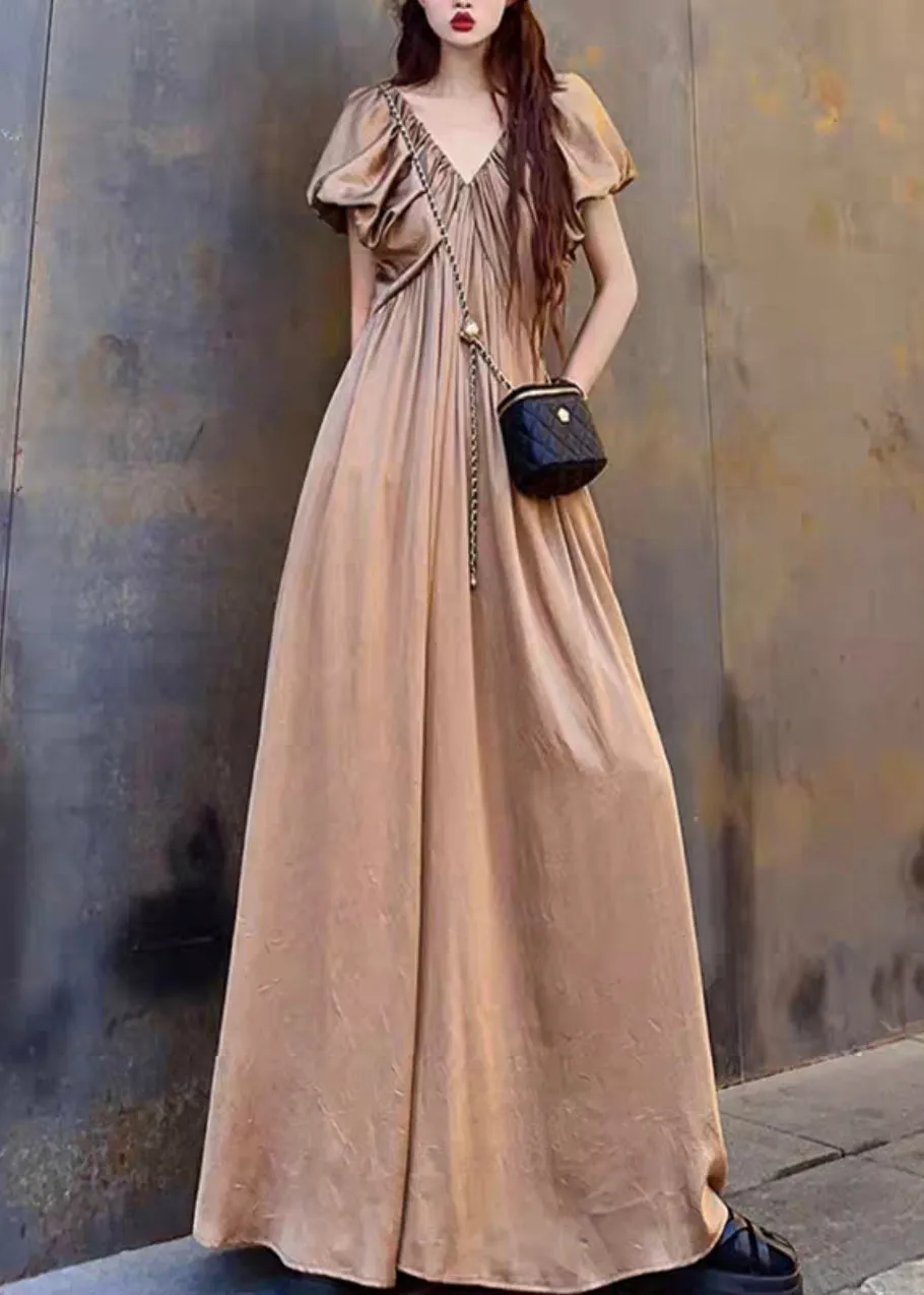 Elegant Coffee V Neck Wrinkled Patchwork Cotton Long Dresses Summer LY9129