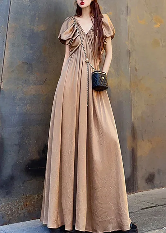 Elegant Coffee V Neck Wrinkled Patchwork Cotton Long Dresses Summer LY9129