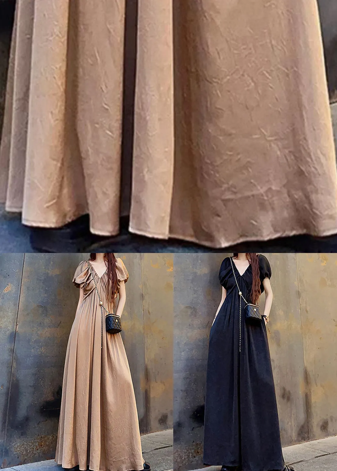 Elegant Coffee V Neck Wrinkled Patchwork Cotton Long Dresses Summer LY9129