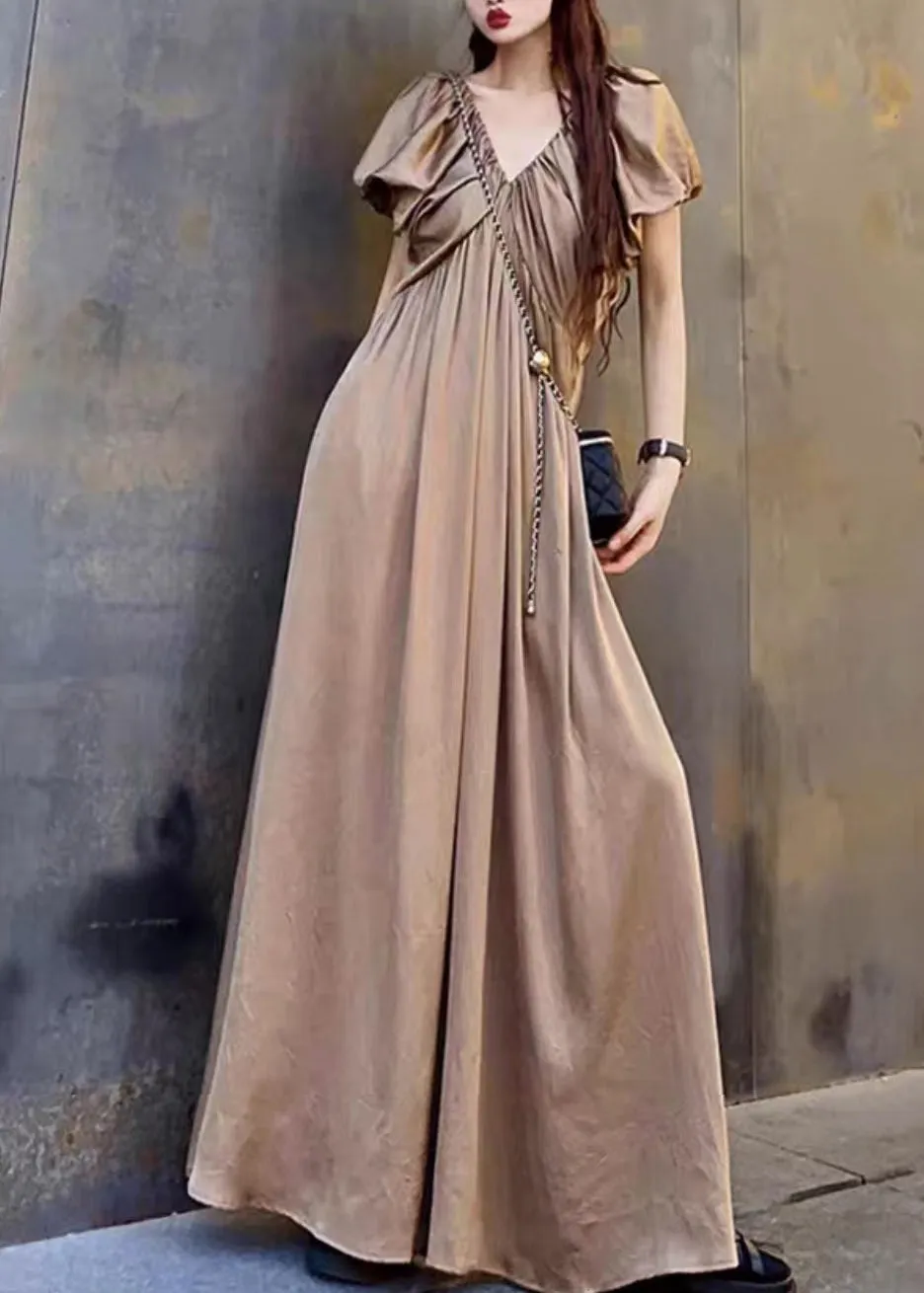 Elegant Coffee V Neck Wrinkled Patchwork Cotton Long Dresses Summer LY9129