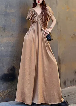 Elegant Coffee V Neck Wrinkled Patchwork Cotton Long Dresses Summer LY9129