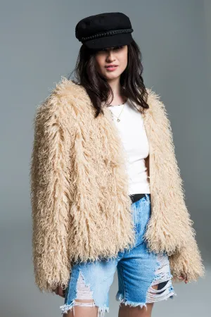Faux Hair Boho Style Open Jacket in Beige