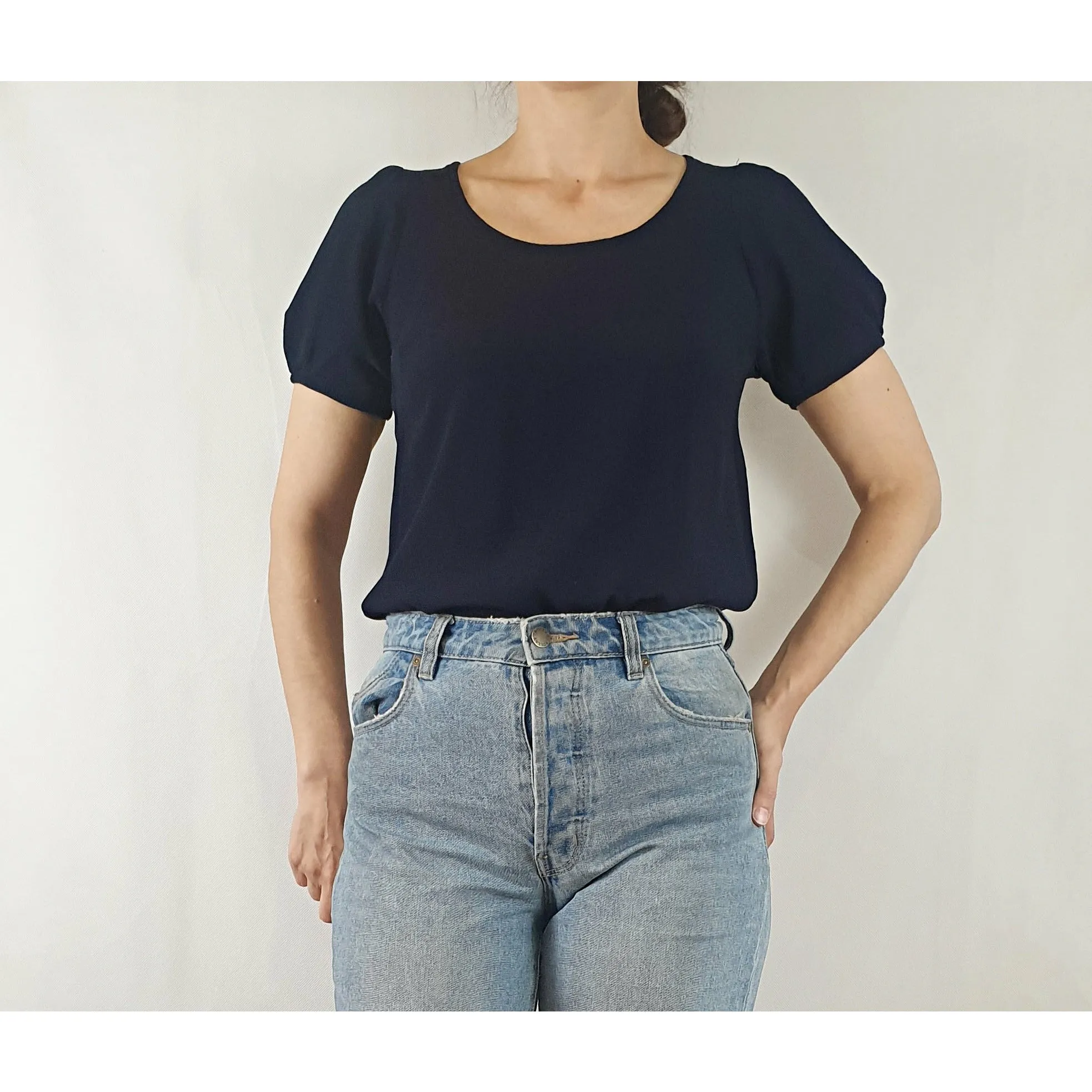 Indigo Australian brand dark navy rayon puffy sleeve tee shirt size 8