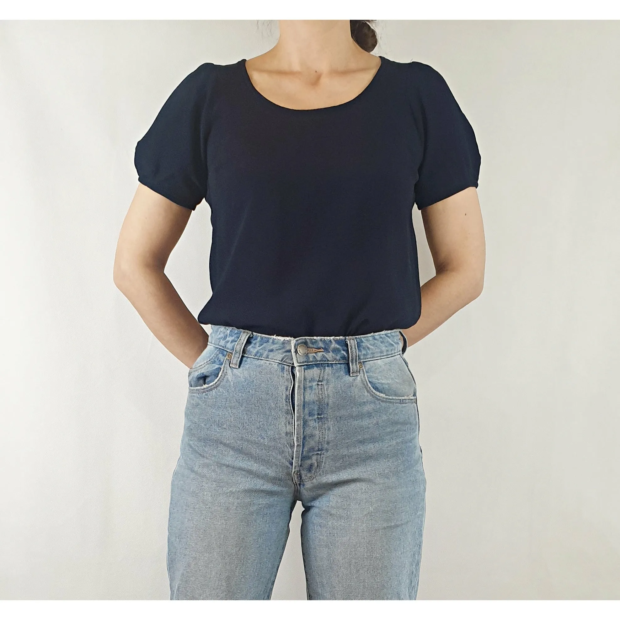 Indigo Australian brand dark navy rayon puffy sleeve tee shirt size 8