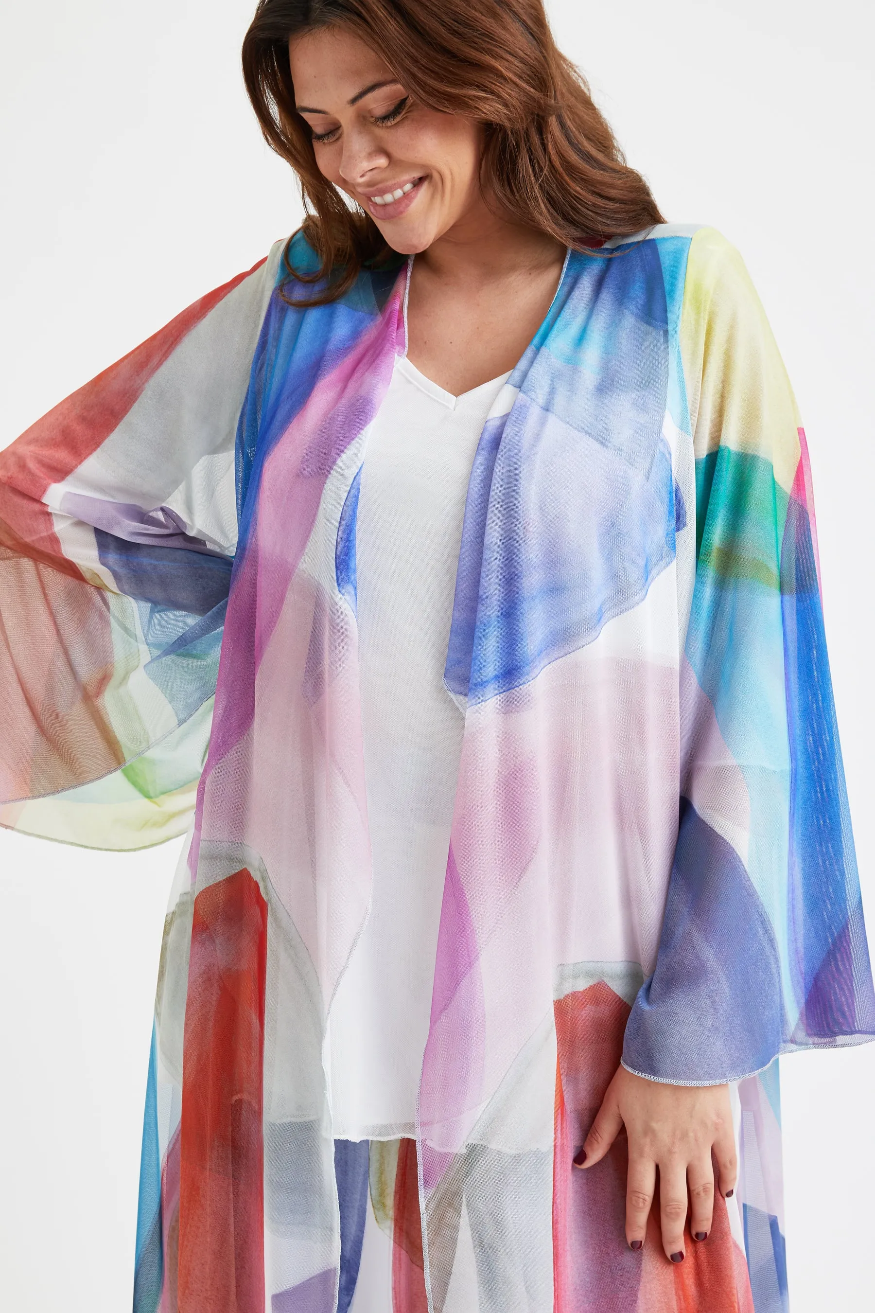 Ivory Tan Blue Waterfall Long Mesh Kimono