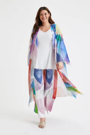 Ivory Tan Blue Waterfall Long Mesh Kimono