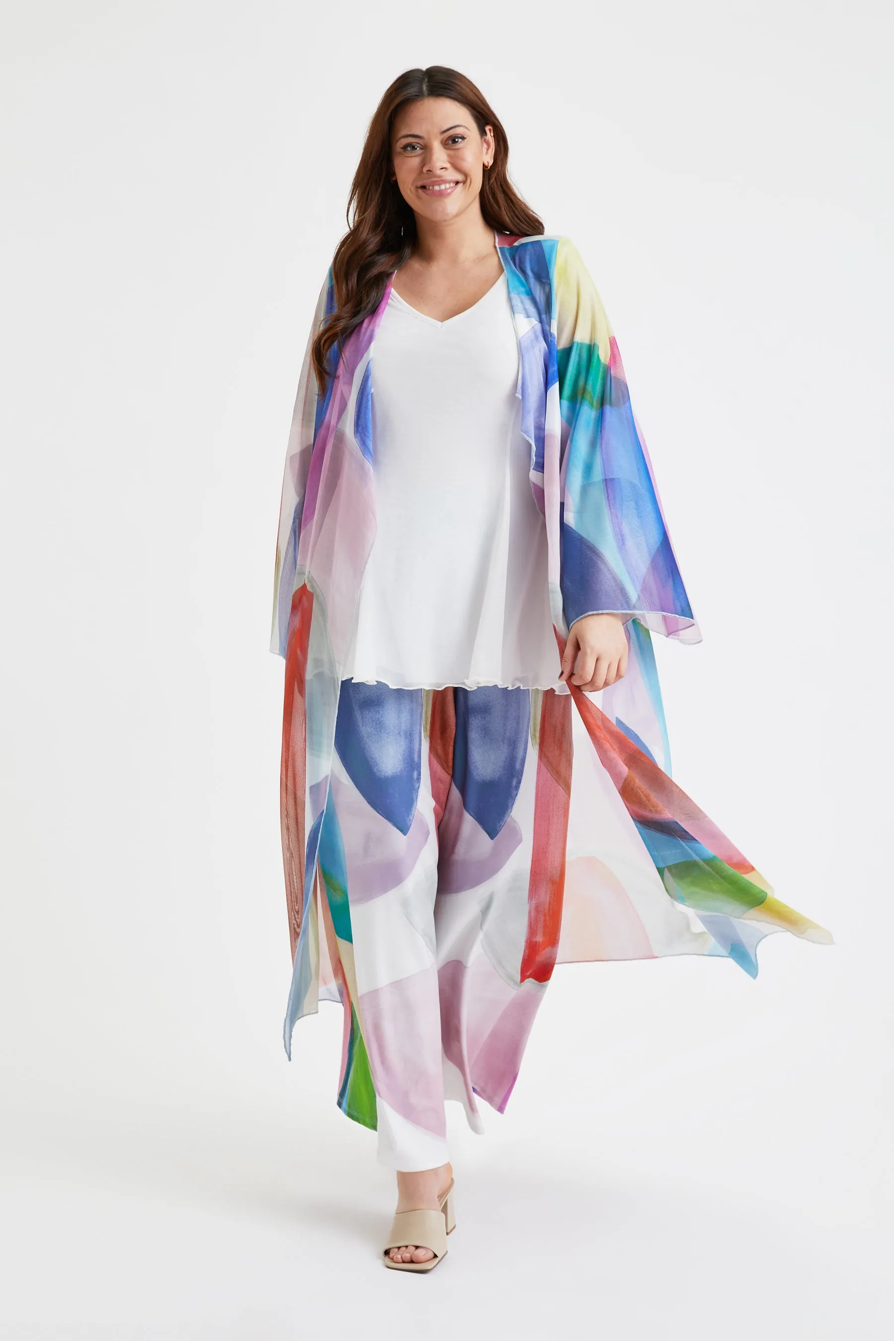 Ivory Tan Blue Waterfall Long Mesh Kimono