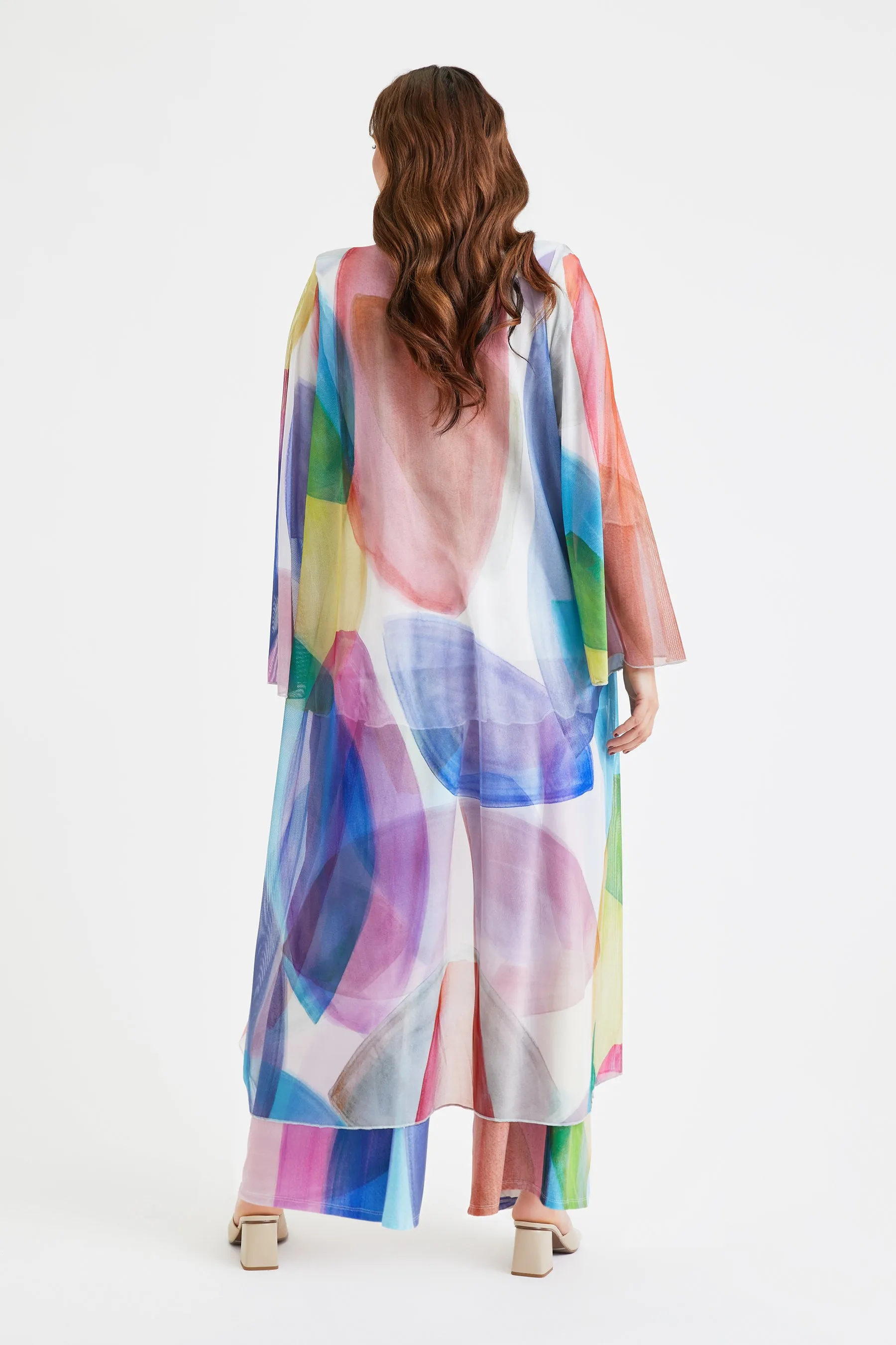 Ivory Tan Blue Waterfall Long Mesh Kimono