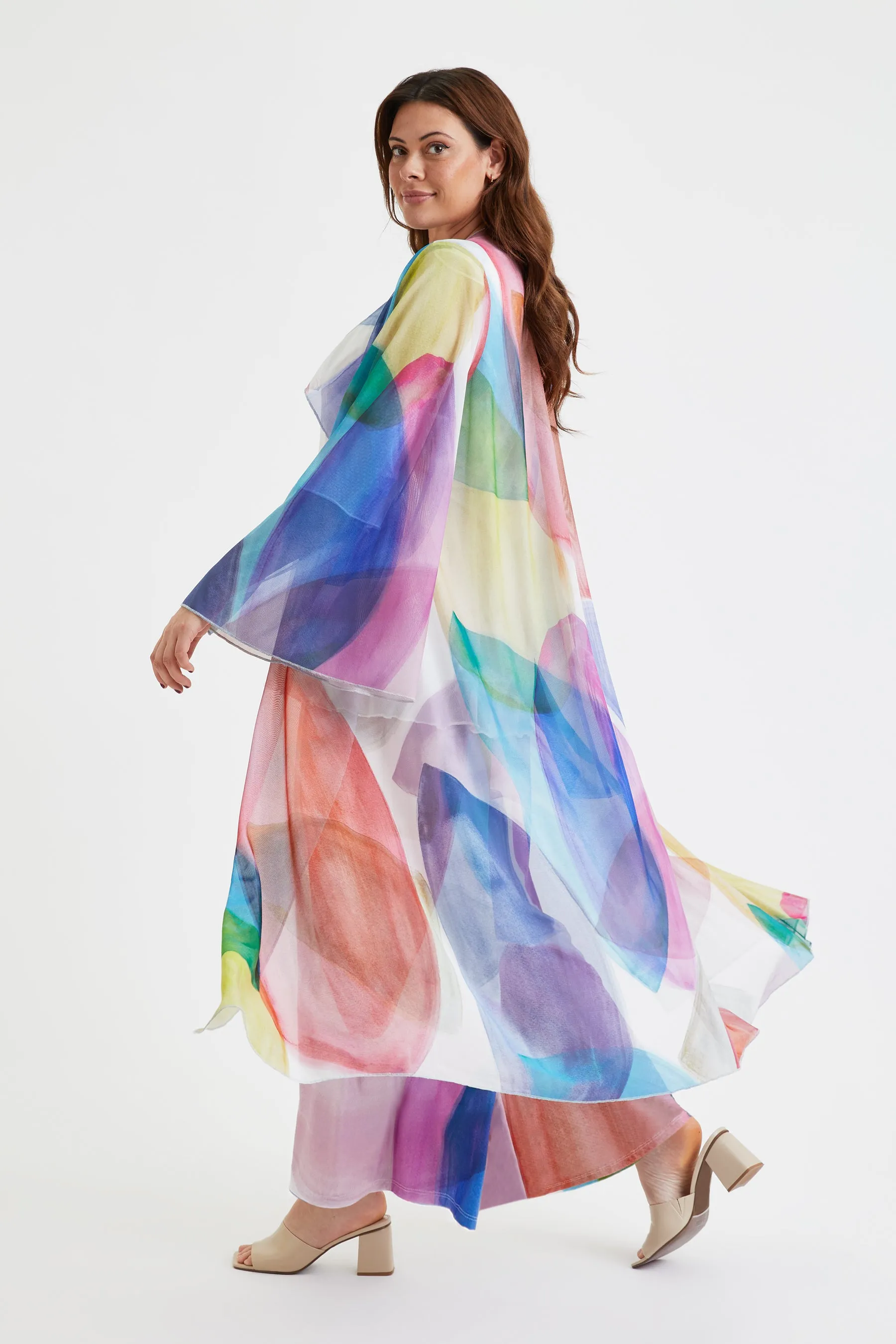 Ivory Tan Blue Waterfall Long Mesh Kimono